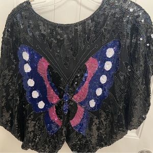 Vintage 1970s Sequin Butterfly Kimono Silk Rainbow Disco Blouse